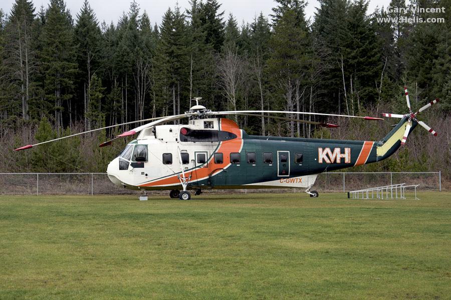 Helicopter Sikorsky S-61N Serial 61-818 Register C-GWTX PR-HRH C-FTVI N4240S C-GOKV used by Kootenay Valley Helicopters KVH ,HRT Participações em Petróleo SA HRT (HRT) ,VIH Helicopters Ltd ,Erickson ,Carson Helicopters. Built 1979. Aircraft history and location