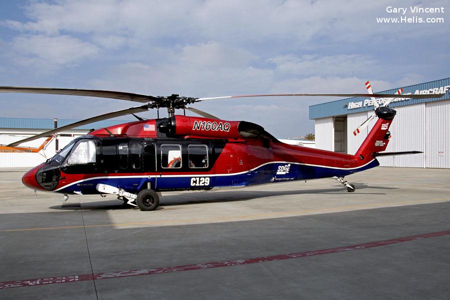 Helicopter Sikorsky UH-60A Black Hawk Serial 70-309 Register N160AQ 81-23588 used by SDGE (San Diego Gas and Electric) ,Unical Defense Inc ,US Army Aviation Army. Aircraft history and location