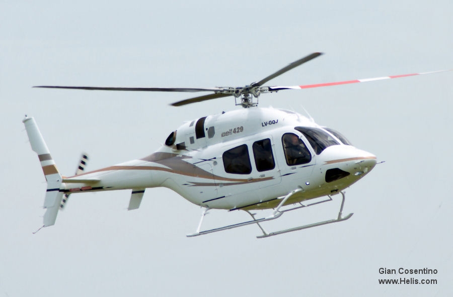 Helicopter Bell 429 Serial 57276 Register LV-GQJ C-FJUB used by Modena Air Service ,Bell Helicopter Canada. Built 2015. Aircraft history and location