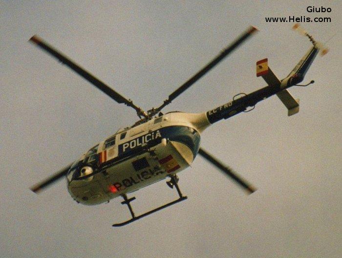 Helicopter MBB Bo105CBS-4 Serial S-869 Register EC-FNO D-HMBL used by Cuerpo Nacional de Policia CNP (National Police Corps) ,MBB. Built 1991. Aircraft history and location
