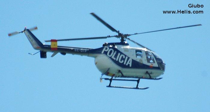 Helicopter MBB Bo105CB Serial S-599 Register EC-DTF D-HDQV used by Cuerpo Nacional de Policia CNP (National Police Corps) ,MBB. Built 1982. Aircraft history and location