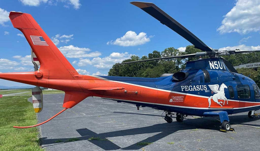 Helicopter AgustaWestland AW109E Power Serial 11150 Register N5UV N815CC used by University of Virginia Health System ,AgustaWestland Philadelphia (AgustaWestland USA). Built 2002. Aircraft history and location