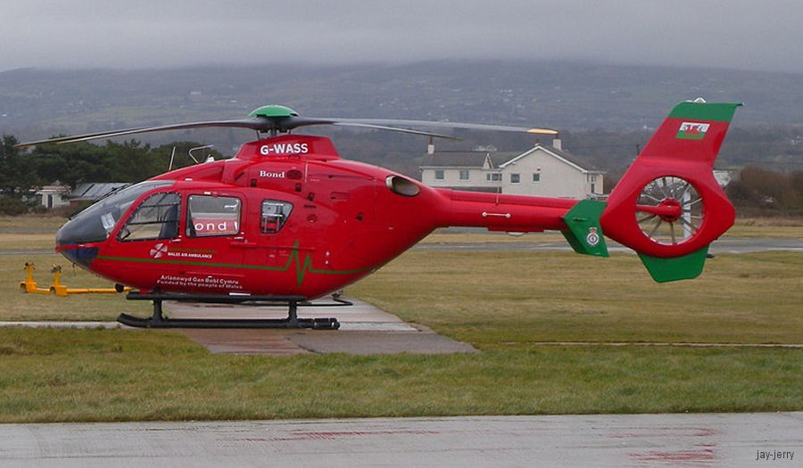 Helicopter Eurocopter EC135T2+ Serial 0745 Register G-WASS used by UK Air Ambulances SCAA (Scotland Charity Air Ambulance) ,Babcock International Babcock ,WAAC (Wales Air Ambulance) ,Bond Aviation Group. Built 2008. Aircraft history and location