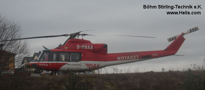 Helicopter Agusta AB412HP Serial 25802 Register D-HHAA SE-JIV 11332 used by DRF Luftrettung DRF Christoph Berlin ,HDM Flugservice ,Patria Helicopters AB ,Försvarsmakten (Swedish Armed Forces) ,armen (swedish army). Aircraft history and location