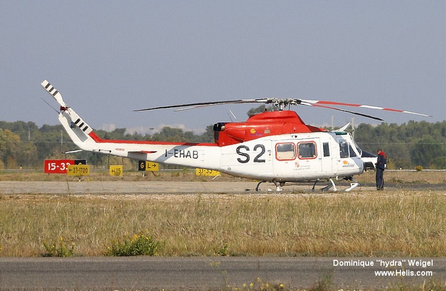 Helicopter Agusta AB412 Serial 25505 Register I-EHAB G-BKNT used by Pegasus Aero Group ,INAER Italia ,Airgreen ,Helops s.r.l. (Helops Ltd.) ,Soccorso Alpino CNSAS (Italian Mountain Rescue Service) ,Protezione Civile (Civil Protection). Aircraft history and location