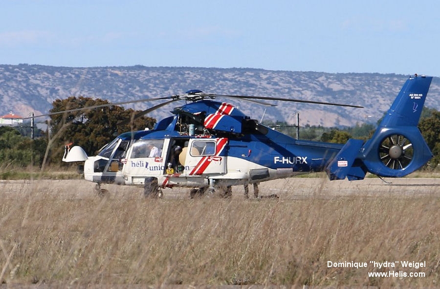 Helicopter Eurocopter AS365N3 Dauphin 2 Serial 9001 Register 001 F-HURX 5N-BNY F-GXPY D2-EXT F-GTTZ used by Aéronautique Navale (French Navy) ,Heli-Union ,Caverton ,SonAir Serviço Aéreo, SA (SonAir Airline Services). Aircraft history and location