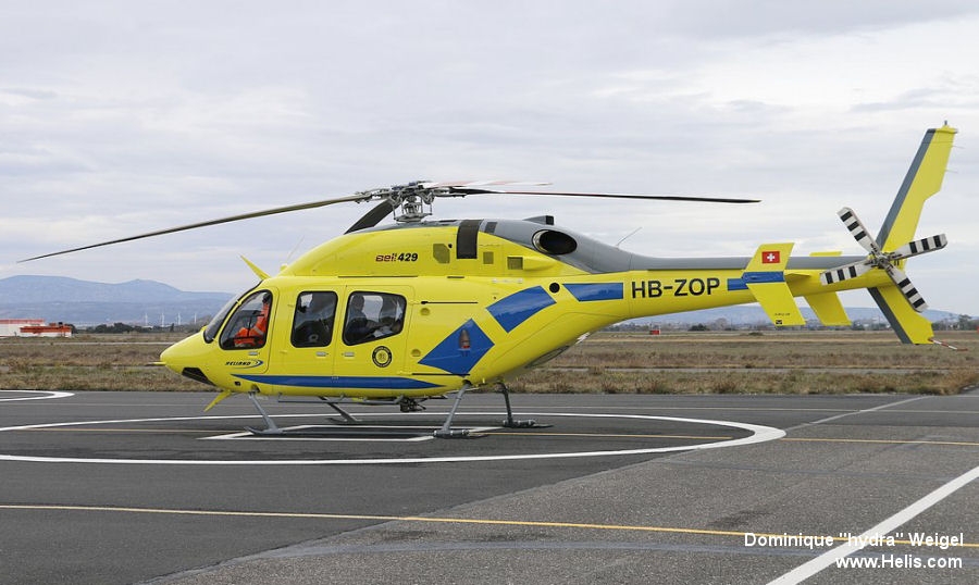 Helicopter Bell 429 Serial 57324 Register HB-ZOP used by Heliand SA ,Skymedia AG ,Bell Helicopter Europe. Built 2016. Aircraft history and location