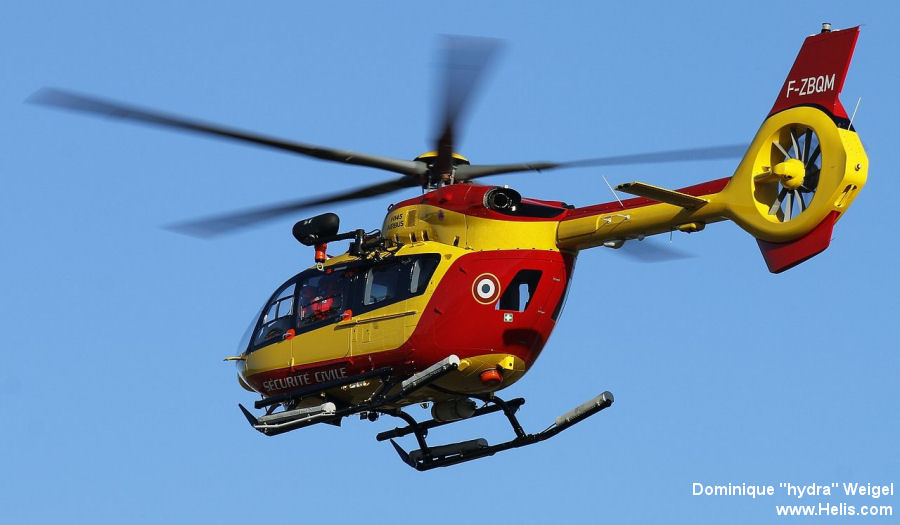 Helicopter Airbus H145D3  Serial 21071 Register F-ZBQM used by Sécurité Civile (French Civilian Security). Built 2021. Aircraft history and location