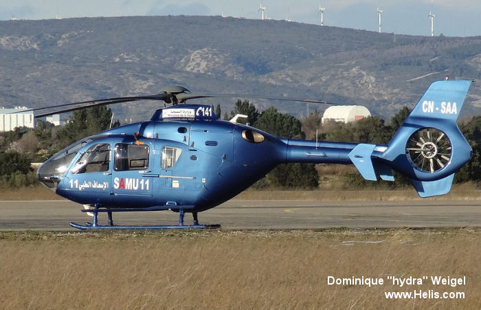 Helicopter Eurocopter EC135T1 Serial 0066 Register CN-SAA F-GMHG used by Ministère de la Santé (Morocco Ministry of Health) ,SAF ,SAMU (Emergency Medical Assistance Service ) ,Helicap. Built 1998. Aircraft history and location