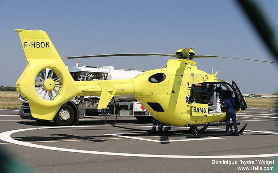 Helicopter Eurocopter EC135P2 Serial 0460 Register F-HBDN EC-MHG G-CGZD D-HHDL EC-KKF used by Service d'Aide Medicale d'Urgence SAMU (emergency medical assistance service) ,Administraciones Locales Junta de Castilla y Leon (Government of Castile and Leon) ,INAER ,UK Air Ambulances EAAA (East Anglian Air Ambulance) ,Bond Aviation Group ,Intercopters. Built 2006. Aircraft history and location