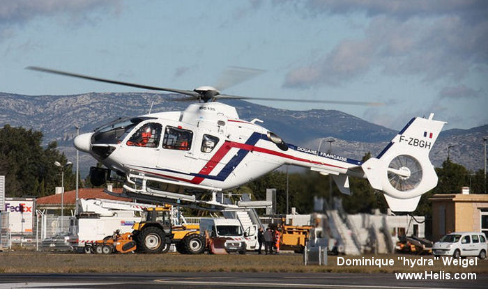 Helicopter Eurocopter EC135T2+ Serial 0525 Register F-ZBGH used by Douane (French Customs). Built 2006. Aircraft history and location