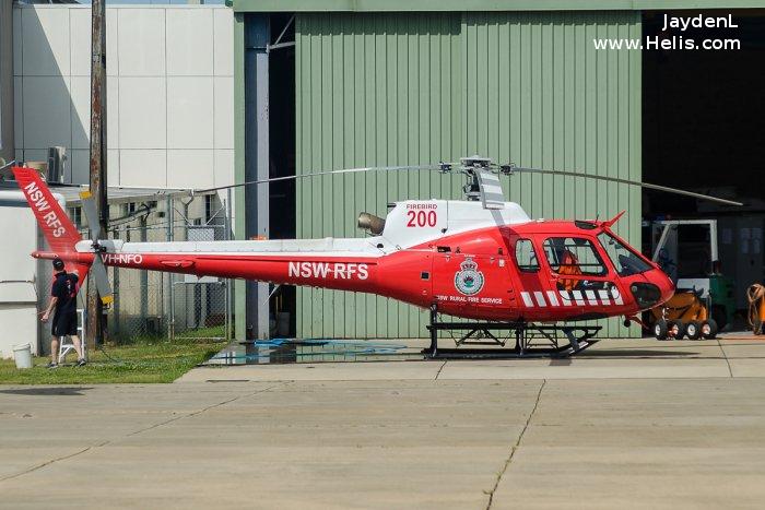 Helicopter Aerospatiale AS350B Ecureuil Serial 1823 Register VH-NFO used by Local Governments NSW RFS (NSW Rural Fire Service) ,Helitreck Helicopters Kareela Aviation. Built 1985. Aircraft history and location