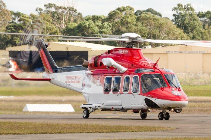 Helicopter AgustaWestland AW139 Serial 31126 Register VH-SYV used by Royal Australian Air Force RAAF ,Australia Air Ambulances NSW Ambulance ,CHC Helicopters Australia. Built 2008. Aircraft history and location
