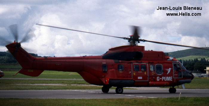 Helicopter Aerospatiale AS332L Super Puma Serial 2091 Register 80 G-PUME used by Armada de Chile (Chilean Navy) ,CHC Scotia ,Bond Aviation Group ,North Scottish Helicopters. Built 1983. Aircraft history and location