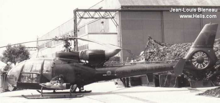 Helicopter Aerospatiale SA341B Gazelle AH.1 Serial 1362 Register XX412 used by Royal Marines RM. Built 1975. Aircraft history and location