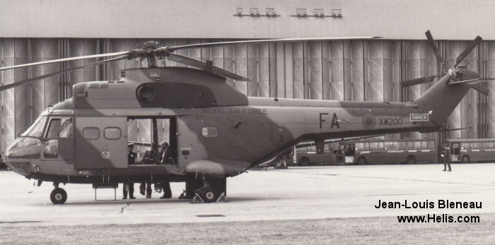 Helicopter Aerospatiale SA330E Puma Serial 1048 Register XW200 used by Royal Air Force RAF. Built 1971. Aircraft history and location