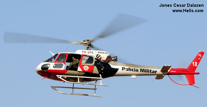 Helicopter Eurocopter HB350B2 Esquilo Serial 4900 Register PR-SPE used by Policia Militar do Brasil (Brazilian Military Police) ,Helibras. Aircraft history and location