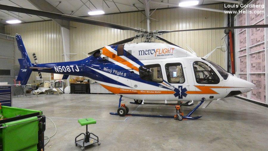 Helicopter Bell 429 Serial 57333 Register N508TJ N838QT C-FWQV used by Mercy Flight WNY (Mercy Flight Western New York) ,Bell Helicopter Canada. Built 2017. Aircraft history and location