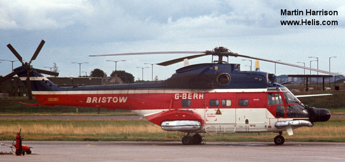 Helicopter Aerospatiale SA330J Puma Serial 1475 Register N405R VH-WOE G-BERH used by Erickson ,Evergreen Helicopters ,US Navy USN ,Geo-Seis Helicopters ,Bristow Australia AUSBU ,Bristow. Built 1977. Aircraft history and location