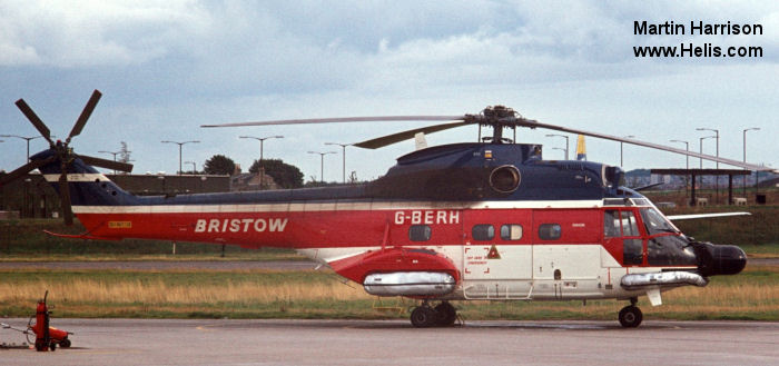 Helicopter Aerospatiale SA330J Puma Serial 1475 Register N405R VH-WOE G-BERH used by Erickson ,Evergreen Helicopters ,US Navy USN (United States Naval Aviation) ,Geo-Seis Helicopters ,Bristow Australia AUSBU ,Bristow. Built 1977. Aircraft history and location