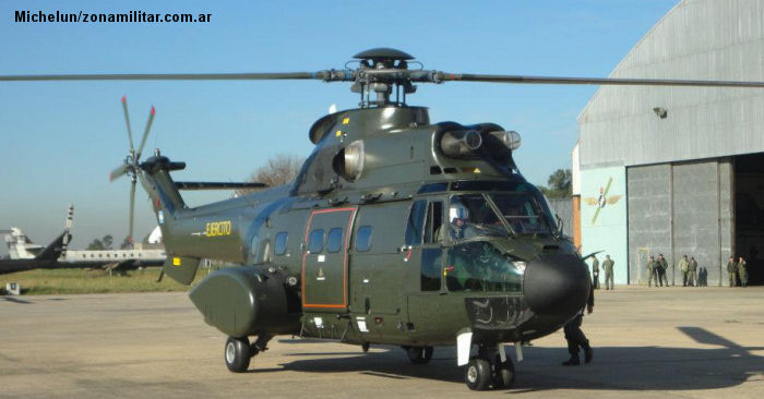 Helicopter Aerospatiale AS332B Super Puma Serial 2072 Register AE-526 used by Aviacion de Ejercito Argentino EA (Argentine Army Aviation). Built 1983. Aircraft history and location