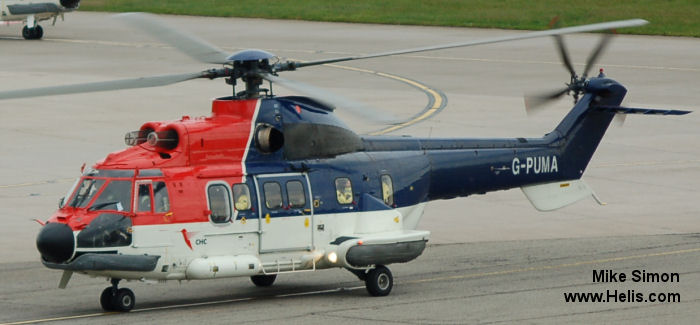 Helicopter Aerospatiale AS332L Super Puma Serial 2038 Register C-GHYO G-PUMA used by CHC (Canadian Helicopter Corporation) ,CHC Scotia ,North Scottish Helicopters ,Bond Aviation Group. Built 1983. Aircraft history and location