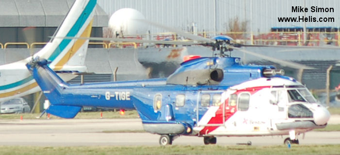 Helicopter Aerospatiale AS332L Super Puma Serial 2028 Register G-TIGE used by Airbus Helicopters UK ,Bristow. Built 1982. Aircraft history and location