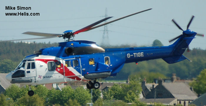 Helicopter Aerospatiale AS332L Super Puma Serial 2028 Register G-TIGE used by Airbus Helicopters UK ,Bristow. Built 1982. Aircraft history and location