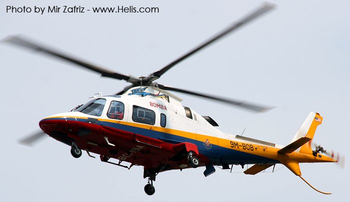 Helicopter AgustaWestland AW109E Power Serial 11212 Register 9M-BOB used by Jabatan Bomba dan Penyelamat Malaysia JBPM  (Malaysian Fire and Rescue Department). Built 2003. Aircraft history and location