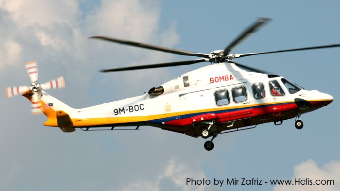 Helicopter AgustaWestland AW139 Serial 31289 Register 9M-BOC used by Jabatan Bomba dan Penyelamat Malaysia JBPM  (Malaysian Fire and Rescue Department). Aircraft history and location
