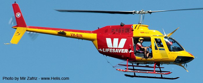 Helicopter Bell 206B-2 Jet Ranger Serial 2019 Register VH-BIN VH-KHB used by Australia Air Ambulances WRHS (Westpac Life Saver Rescue Helicopter Service) ,Heliwest. Built 1976. Aircraft history and location
