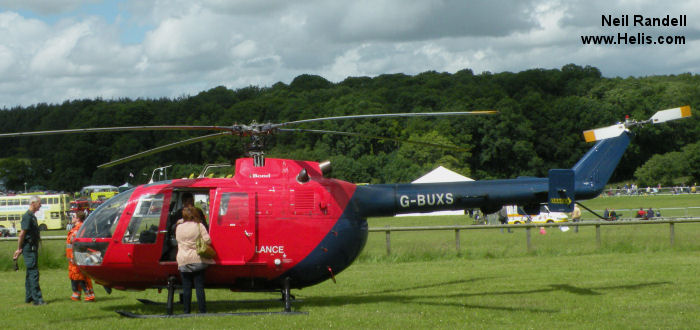 Helicopter MBB Bo105D Serial S-41/913 Register N191SJ G-BUXS used by UK Air Ambulances SCAA (Scotland Charity Air Ambulance) ,EAAA (East Anglian Air Ambulance) ,Bond Aviation Group. Built 1993. Aircraft history and location