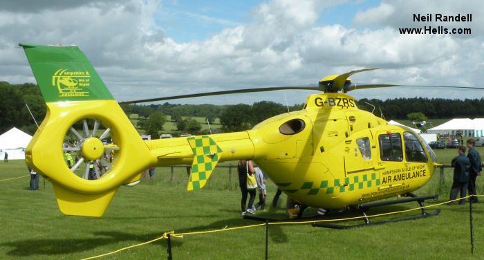 Helicopter Eurocopter EC135T1 Serial 0166 Register G-BZRS used by UK Police Forces ,UK Air Ambulances HIOWAA (Hampshire and Isle of Wight Air Ambulance) ,Babcock International Babcock ,Bond Aviation Group. Built 2000. Aircraft history and location