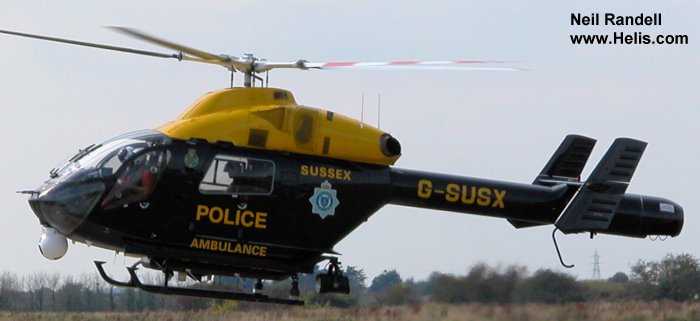Helicopter McDonnell Douglas MD902 Explorer Serial 900/00065 Register R906 G-SUSX N3065W used by Rendőrség (Hungarian Police) ,UK Police Forces ,UK Air Ambulances SSAA (Surrey and Sussex Air Ambulance). Built 1999. Aircraft history and location