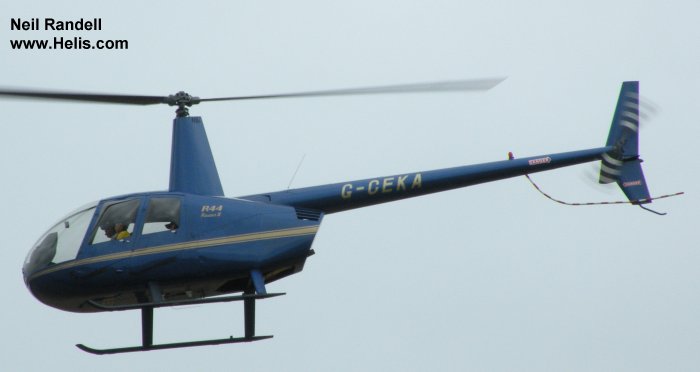Helicopter Robinson R44 Raven II Serial 11639 Register G-CEKA used by Heli Air Ltd. Built 2007. Aircraft history and location