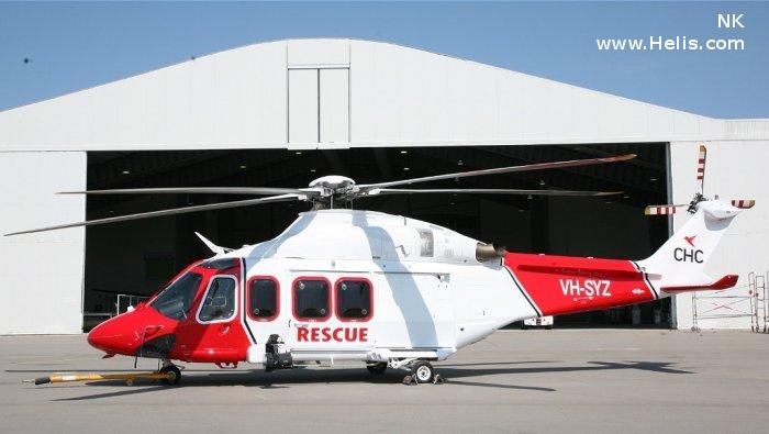 Helicopter AgustaWestland AW139 Serial 31155 Register VH-SYZ used by Royal Australian Air Force Australia Air Ambulances CHC Helicopters Australia. Built 2009. Aircraft history and location