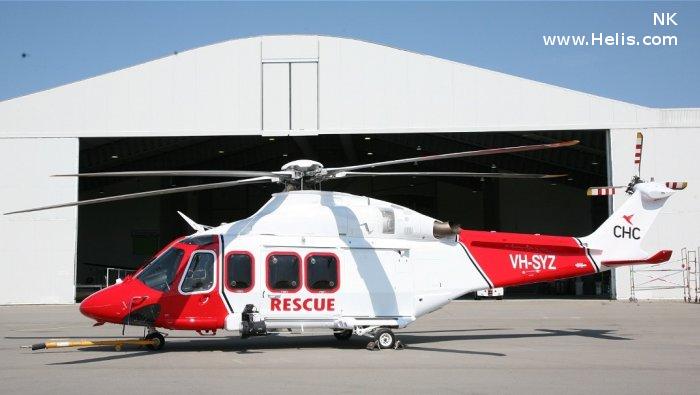 Helicopter AgustaWestland AW139 Serial 31155 Register VH-SYZ used by Royal Australian Air Force RAAF ,Australia Air Ambulances NSW Ambulance ,CHC Helicopters Australia. Built 2009. Aircraft history and location