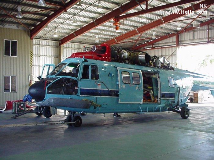 Helicopter Aerospatiale AS332L Super Puma Serial 2053 Register VH-URY VH-LHD LN-OAW OY-HMH F-WMHF LN-OME used by Lloyd Helicopters ,United Nations UNHAS ,Helikopter Service ,Maersk ,Aerospatiale. Built 1983. Aircraft history and location
