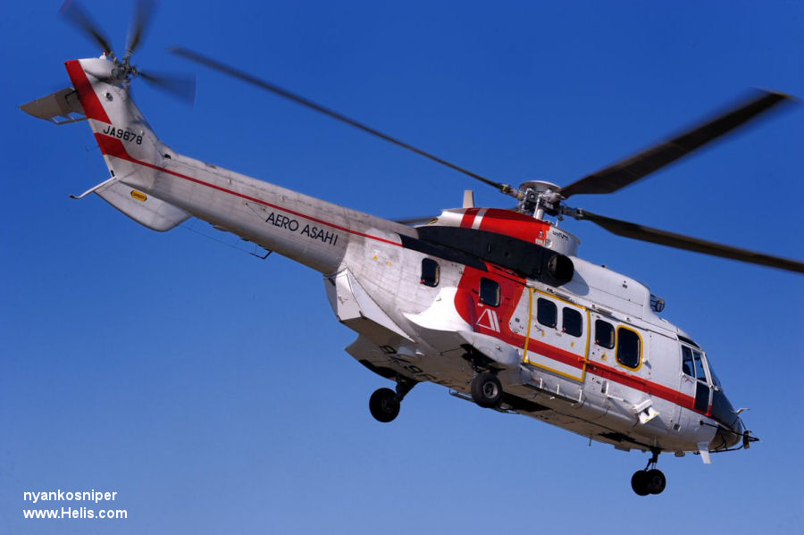 Helicopter Aerospatiale AS332L Super Puma Serial 2231 Register JA9678 N332SP used by Aero Asahi AAC ,Turbines Ltd ,Keisatsu-chō JNPA (National Police Agency). Aircraft history and location