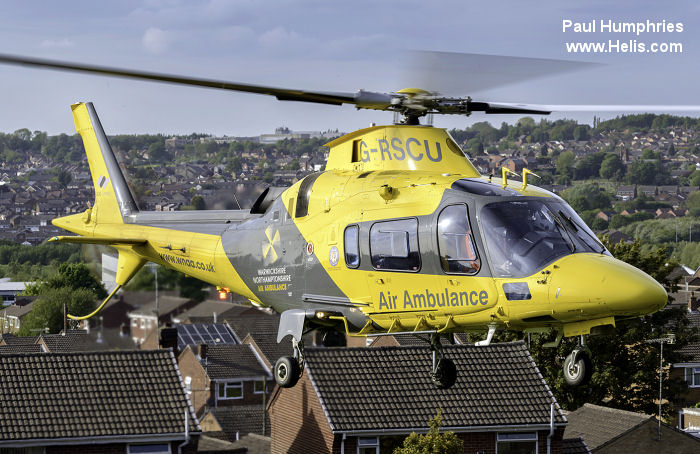 Helicopter AgustaWestland AW109 Serial 11777 Register G-RSCU used by UK Air Ambulances AANI (Air Ambulance Northern Ireland) ,Irish Community Rapid Response ICRR ,WNAA (Warwickshire & Northamptonshire Air Ambulance) ,Sloane Helicopters. Built 2009. Aircraft history and location