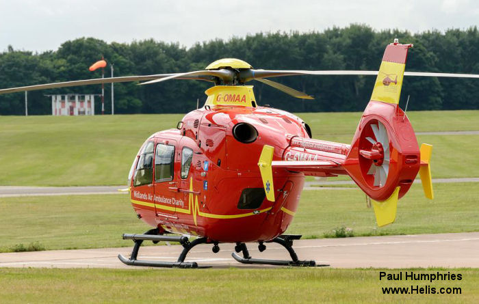 Helicopter Eurocopter EC135T2+ Serial 1144 Register G-OMAA D-HECO used by Babcock International Babcock ,UK Air Ambulances MAAC (Midlands Air Ambulance) ,Bond Aviation Group ,Eurocopter Deutschland GmbH (Eurocopter Germany). Built 2013. Aircraft history and location