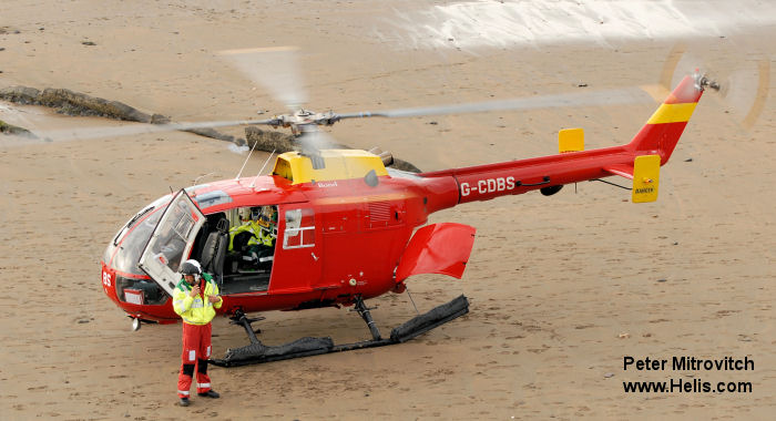 Helicopter MBB Bo105CBS-2 Serial S-738 Register N192SJ G-CDBS D-HDRZ VH-MBK N970MB used by UK Air Ambulances Cornwall Amb (Cornwall Air Ambulance) ,SASv (Scottish Ambulance Service) ,Bond Aviation Group ,MBB ,Australia Pacific ,Aerogulf  (Aerogulf) ,MBB Helicopter Corp. Built 1985. Aircraft history and location