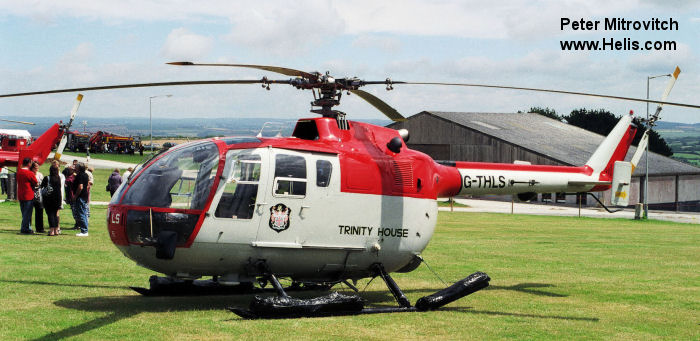 Helicopter MBB Bo105C Serial S-80 Register G-THLS G-BCXO D-HDCE used by Trinity House Lighthouse Operations ,Bond Aviation Group ,MBB. Built 1973. Aircraft history and location