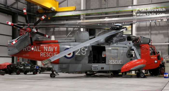 Helicopter Westland Sea King HAS.1 Serial wa 676 Register XV705 used by Hayward and Green Defence Ltd ,Fleet Air Arm RN (Royal Navy). Built 1971 Converted to Sea King HU.5. Aircraft history and location