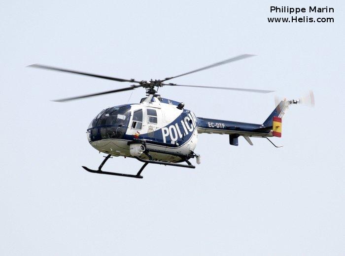 Helicopter MBB Bo105CB Serial S-599 Register EC-DTF D-HDQV used by Cuerpo Nacional de Policia CNP (National Police Corps) ,MBB. Built 1982. Aircraft history and location