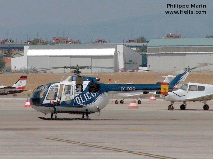 Helicopter MBB Bo105CB-2 Serial S-690 Register EC-DXC used by Cuerpo Nacional de Policia (National Police Corps). Built 1985. Aircraft history and location