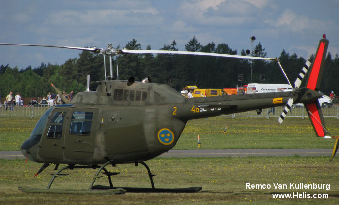 Helicopter Agusta AB206A Serial 8208 Register SE-JVB 06048 used by Försvarsmakten (Swedish Armed Forces) ,marinen (swedish navy). Aircraft history and location