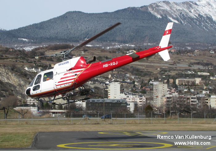 Helicopter Eurocopter AS350B3 Ecureuil Serial 3093 Register HB-XQJ used by Air Glaciers SA ,Heli-Linth AG. Built 1998. Aircraft history and location