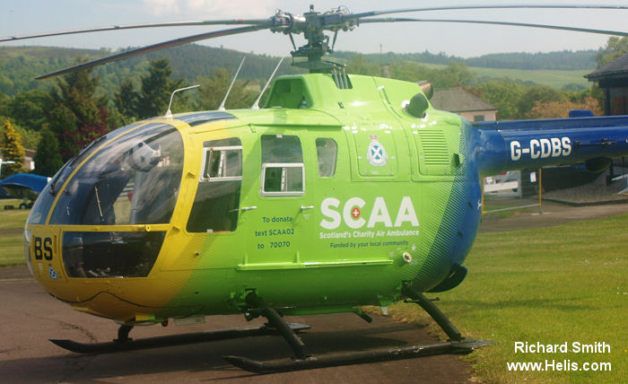 Helicopter MBB Bo105CBS-2 Serial S-738 Register N192SJ G-CDBS D-HDRZ VH-MBK N970MB used by UK Air Ambulances Cornwall Amb (Cornwall Air Ambulance) ,SASv (Scottish Ambulance Service) ,Bond Aviation Group ,MBB ,Australia Pacific ,Aerogulf  (Aerogulf) ,MBB Helicopter Corp. Built 1985. Aircraft history and location