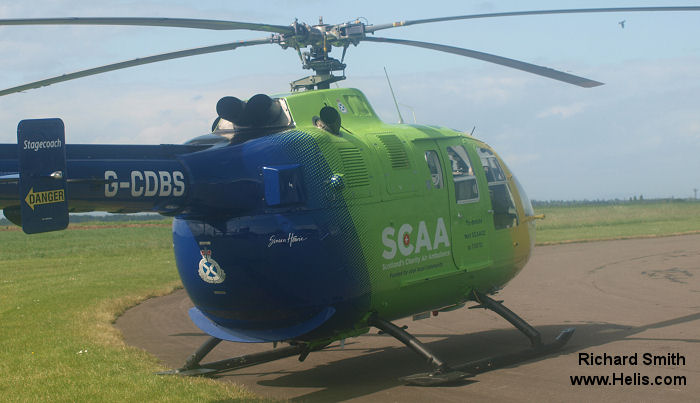 Helicopter MBB Bo105CBS-2 Serial S-738 Register N192SJ G-CDBS D-HDRZ VH-MBK N970MB used by UK Air Ambulances Cornwall Amb (Cornwall Air Ambulance) ,SASv (Scottish Ambulance Service) ,Bond Aviation Group ,MBB ,Australia Pacific ,Aerogulf  (Aerogulf) ,MBB Helicopter Corp. Built 1985. Aircraft history and location